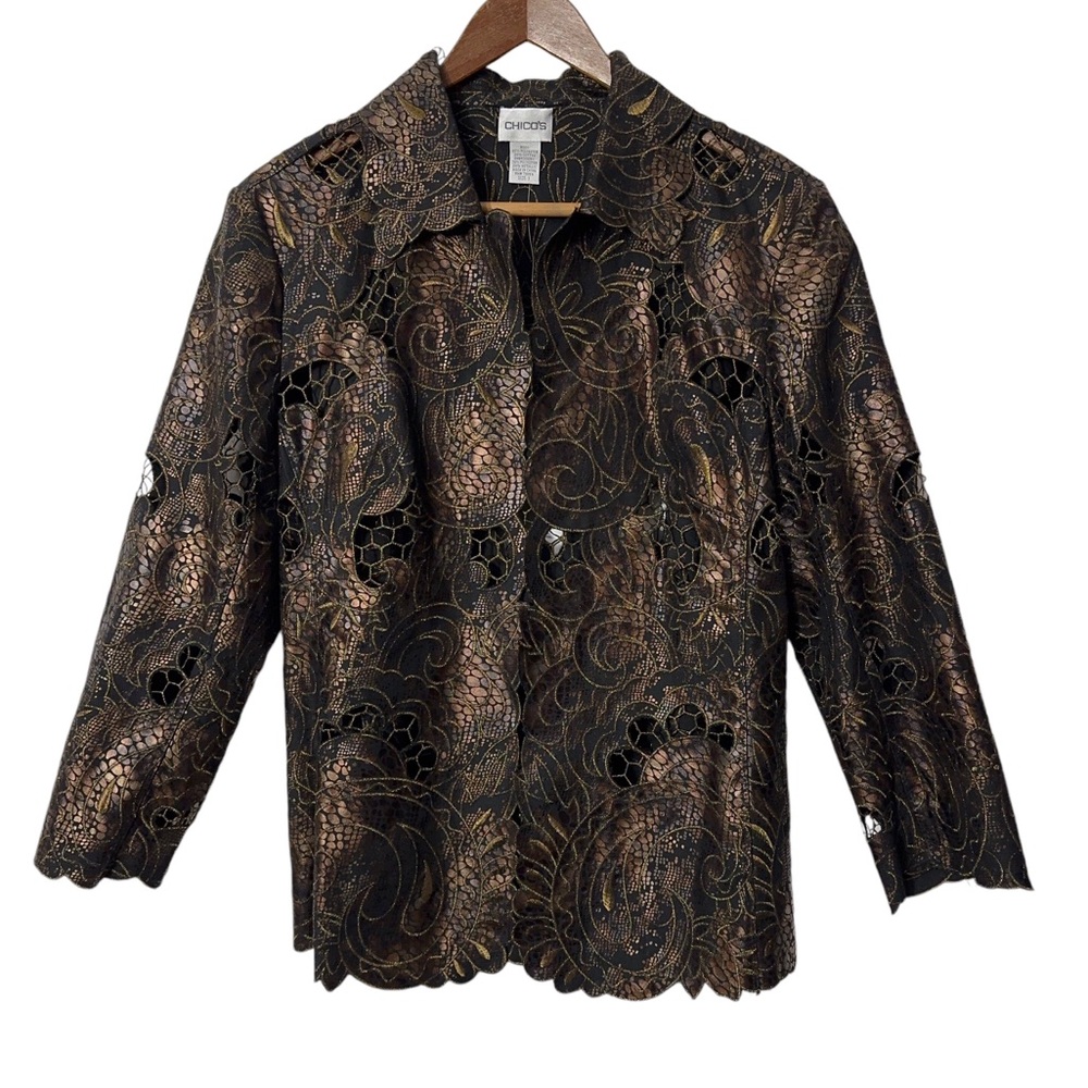 Chicos Scroll Print Jacket Womens Size 1 (S) Metallic Accent